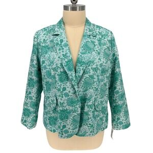 ELCC Blazer Jacket Green Teal Damask Brocade Floral‎ Print Plus Size 2X